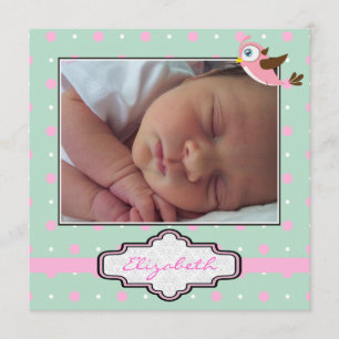 Polka dot, bird with frame baby girl birth photo announcement