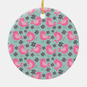 Polka Dot Birds and Flowers Ceramic Ornament