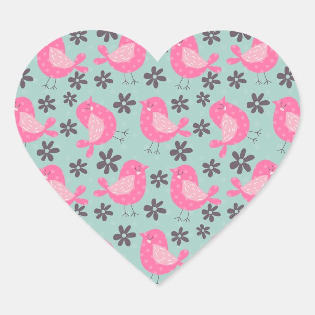 Polka Dot Birds and Flowers Heart Sticker (Front)