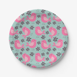 Polka Dot Birds and Flowers Paper Plate