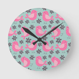 Polka Dot Birds and Flowers Round Clock
