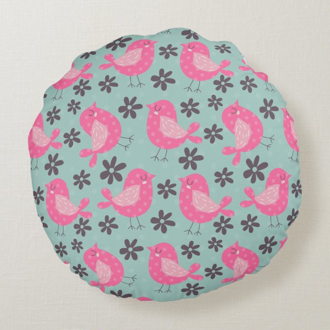Polka Dot Birds and Flowers Round Cushion (Back)