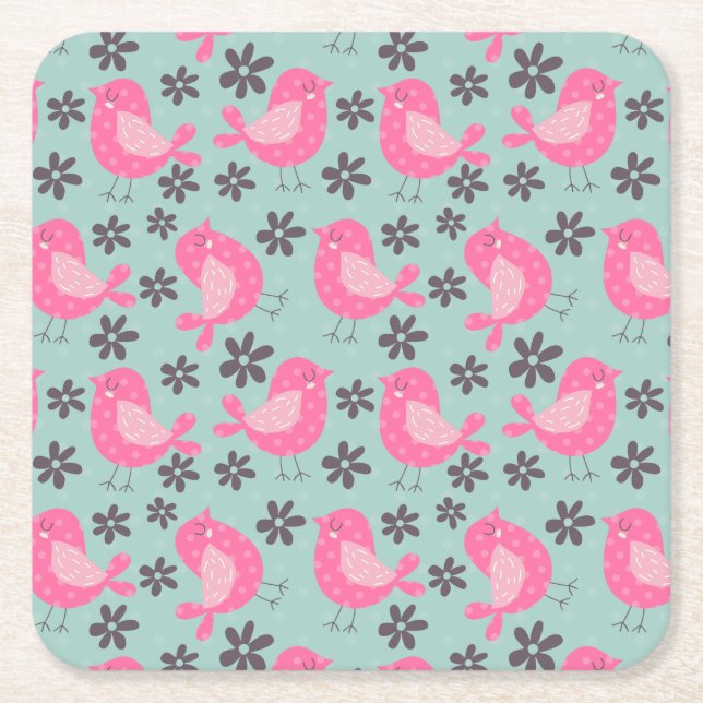 Polka Dot Birds and Flowers Square Paper Coaster (Front)