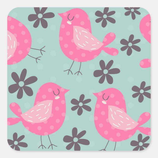 Polka Dot Birds and Flowers Square Sticker (Front)
