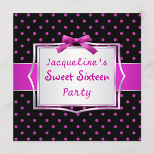 Polka dot black and hot pink Sweet 16 Invitation