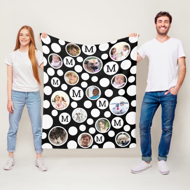 Polka Dot Black White Monogram 14 Photo Collage Fleece Blanket (In Situ)
