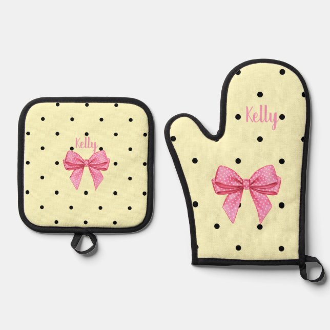 Polka Dot Black Yellow Pink Bow Personalised Oven Mitt & Pot Holder Set (Front)