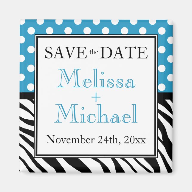Polka Dot Blue Zebra Print Save the Date Magnet (Front)