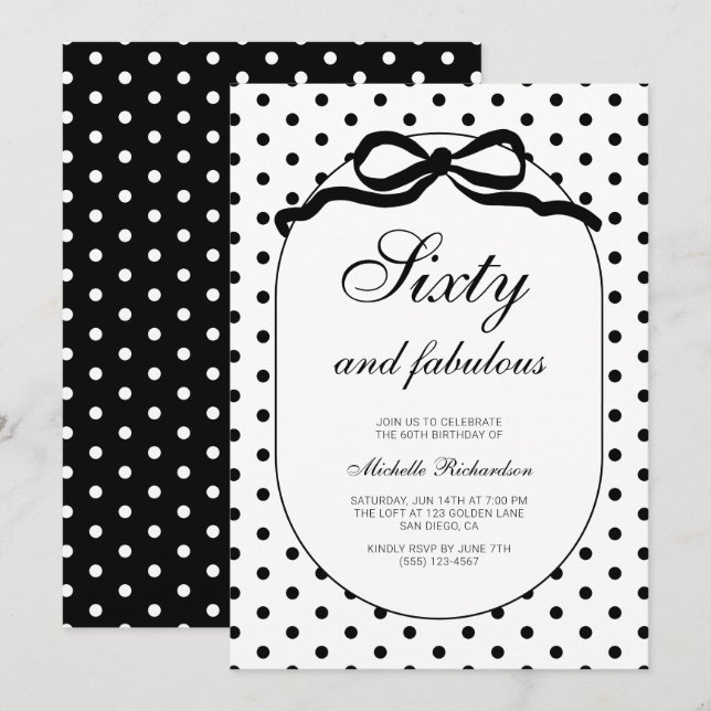 Polka Dot Bow Sixty and Fabulous 60th Birthday Invitation (Front/Back)