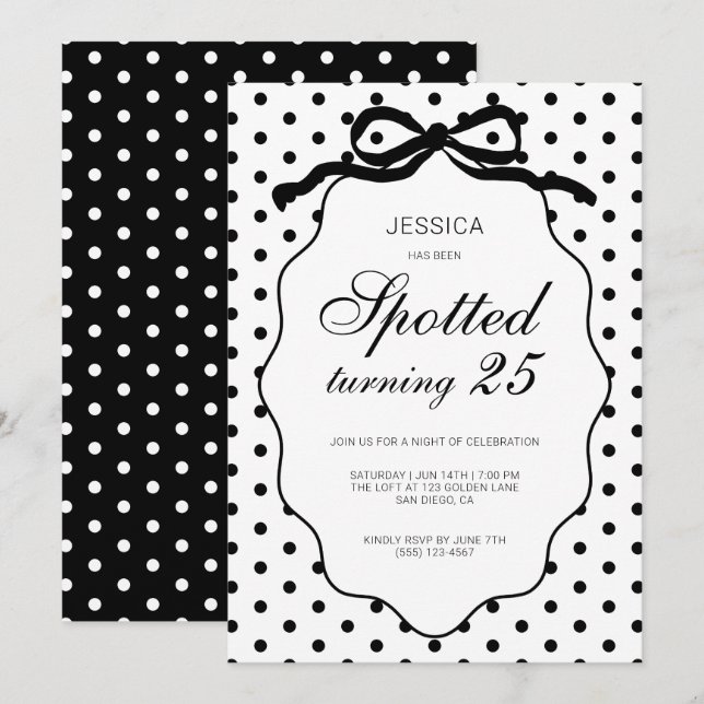 Polka Dot Bow Spotted Turning 25th Birthday Party Invitation (Front/Back)