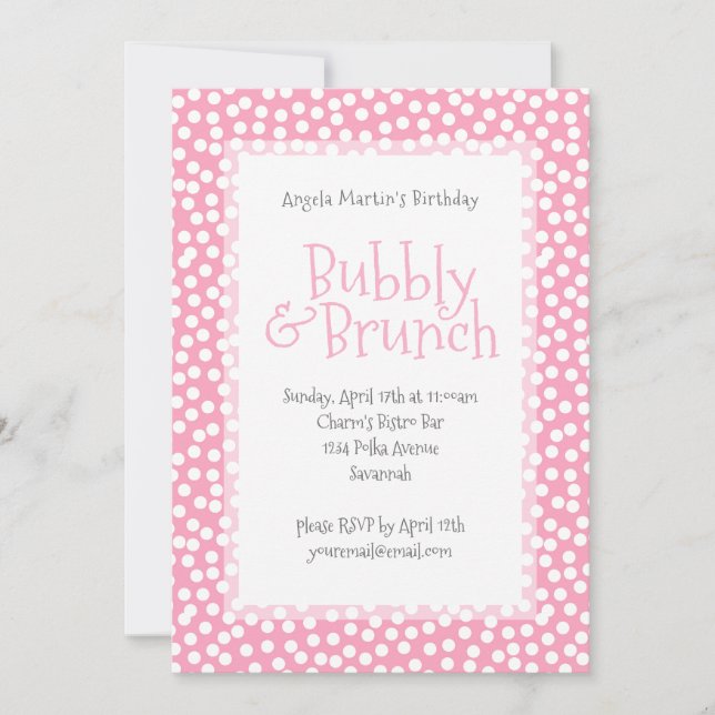 Polka Dot Bubbly and Brunch Pink Invitation (Front)
