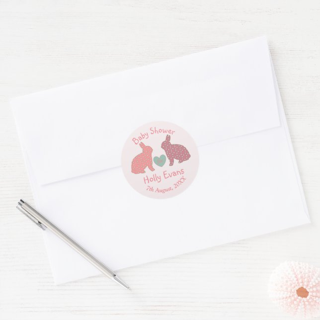 Polka Dot Bunnies Custom Baby Shower Classic Round Sticker (Envelope)