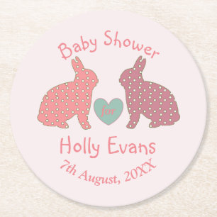 Polka Dot Bunnies Custom Baby Shower Round Paper Coaster