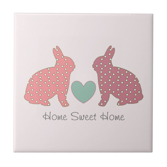 Polka Dot Bunnies Pink Home Sweet Home Ceramic Tile (Front)