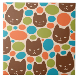 Polka Dot Cats Pattern Ceramic Tile