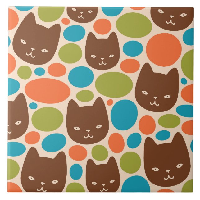 Polka Dot Cats Pattern Ceramic Tile (Front)