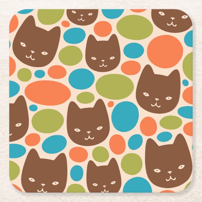 Polka Dot Cats Pattern Square Paper Coaster (Front)