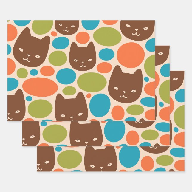 Polka Dot Cats Pattern Wrapping Paper Sheet (Set)