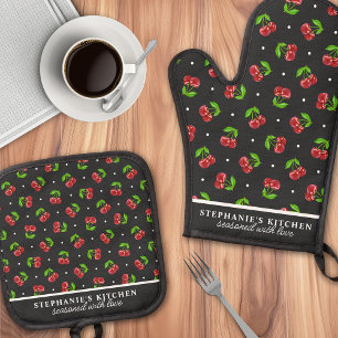 Polka Dot Cherries Black Personalised Oven Mitt & Pot Holder Set