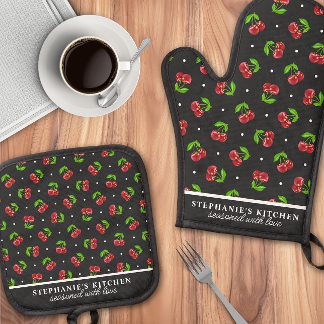 Polka Dot Cherries Black Personalised Oven Mitt & Pot Holder Set (Creator Uploaded)