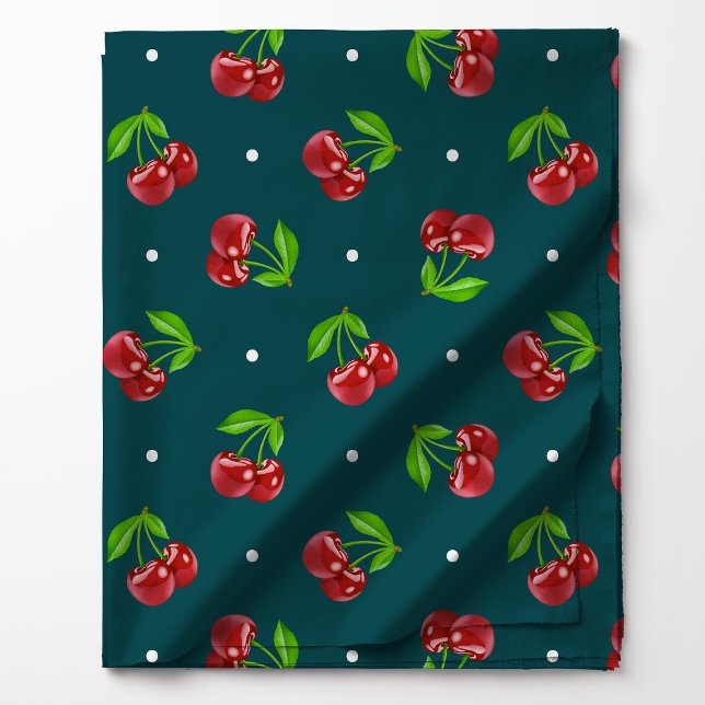 Polka Dot Cherries on Dark Teal  Fabric (Creator Uploaded)