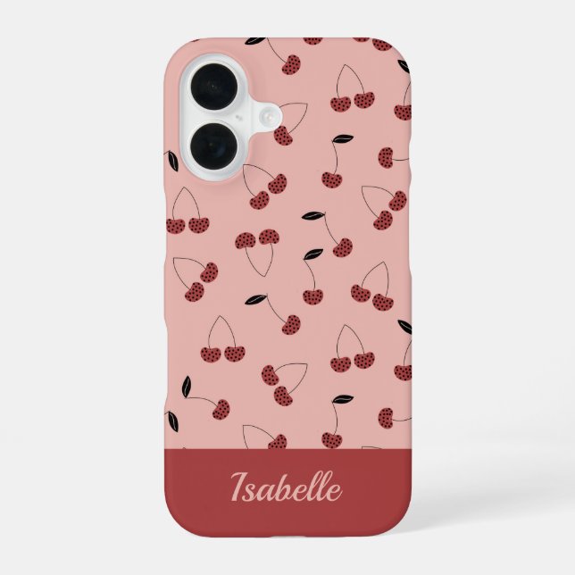 Polka dot cherry fruit pattern with custom name iPhone 16 case (Back)