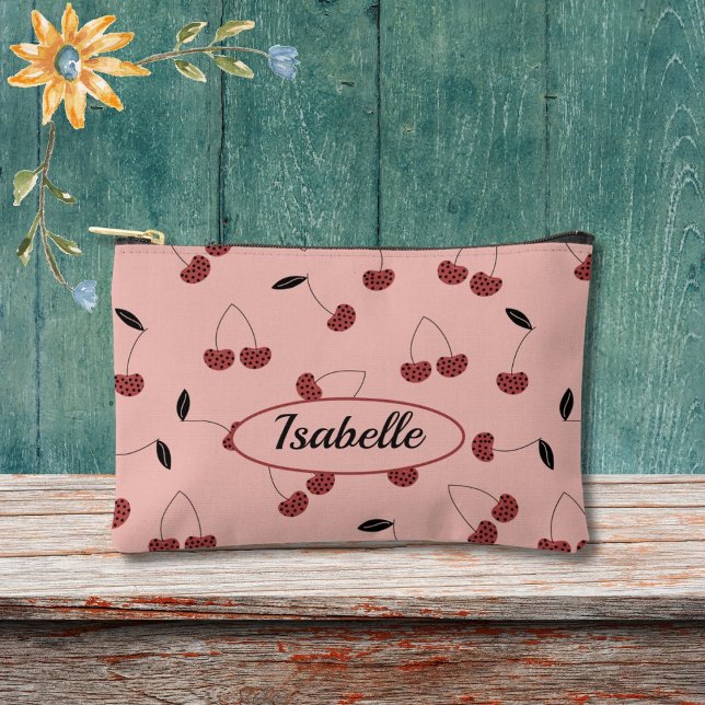 Polka Dot Cherry Pattern and Custom Name Accessory Pouch (Creator Uploaded)