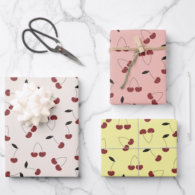 Polka Dot Cherry Pattern Cream White Yellow Pink Wrapping Paper Sheet (Front)