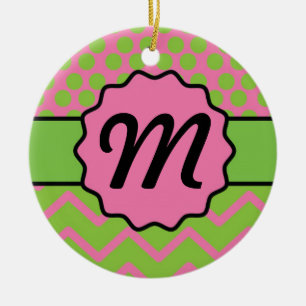 Polka Dot Chevron Pink and Green with Monogram Ceramic Ornament