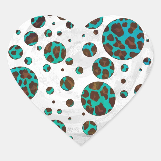 Polka Dot Cow Brown and Teal Print Heart Sticker (Front)