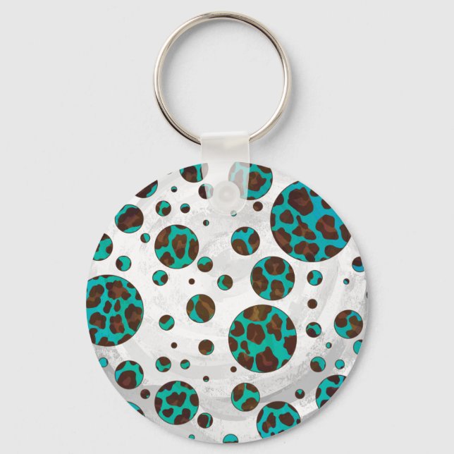 Polka Dot Cow Brown and Teal Print Key Ring (Front)
