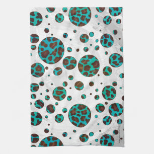 Polka Dot Cow Brown and Teal Print Tea Towel