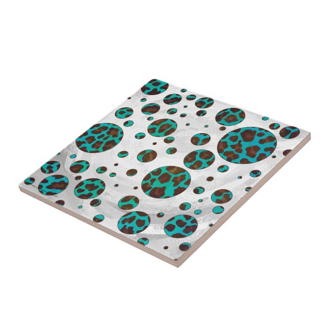 Polka Dot Cow Brown and Teal Print Tile (Side)