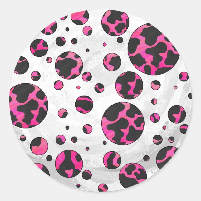 Polka Dot Cow Hot Pink and Black Print Classic Round Sticker (Front)