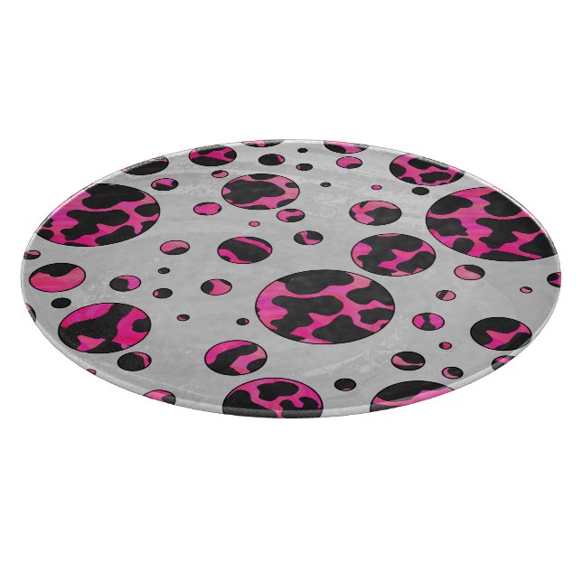 Polka Dot Cow Hot Pink and Black Print Cutting Board (Corner)