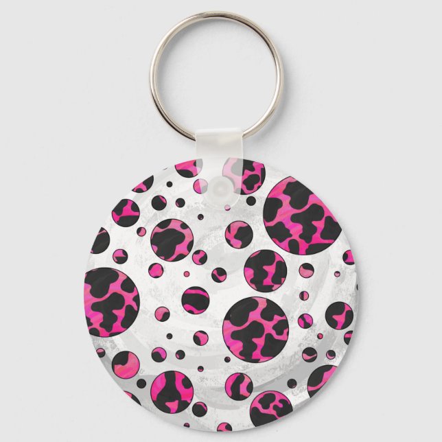 Polka Dot Cow Hot Pink and Black Print Key Ring (Front)