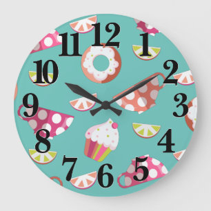 Polka Dot Cups Cakes Doughnuts Lemons Grapefruits Large Clock