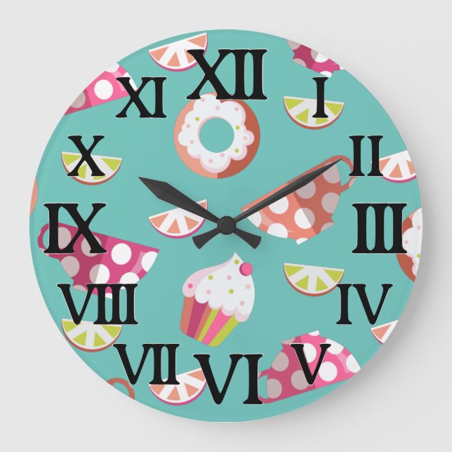 Polka Dot Cups Cakes Doughnuts Lemons Grapefruits Large Clock (Front)