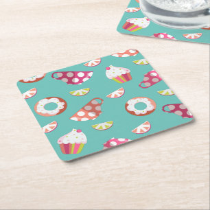 Polka Dot Cups Cakes Doughnuts Lemons Grapefruits Square Paper Coaster