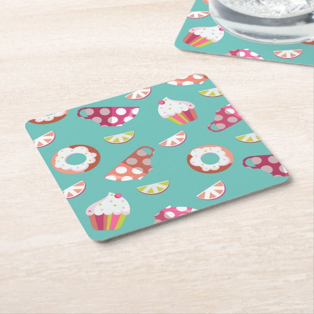 Polka Dot Cups Cakes Doughnuts Lemons Grapefruits Square Paper Coaster (Angled)