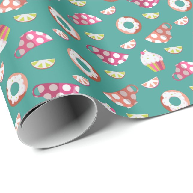 Polka Dot Cups Cakes Doughnuts Lemons Grapefruits Wrapping Paper (Roll Corner)