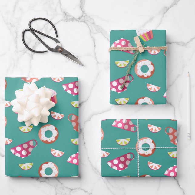 Polka Dot Cups Cakes Doughnuts Lemons Grapefruits Wrapping Paper Sheet (Front)
