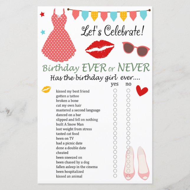 Polka dot dress Birthday Ever or Never Game (Front)