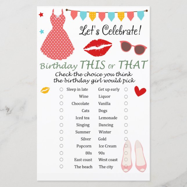 Polka dot dress Birthday This or That Game (Front)