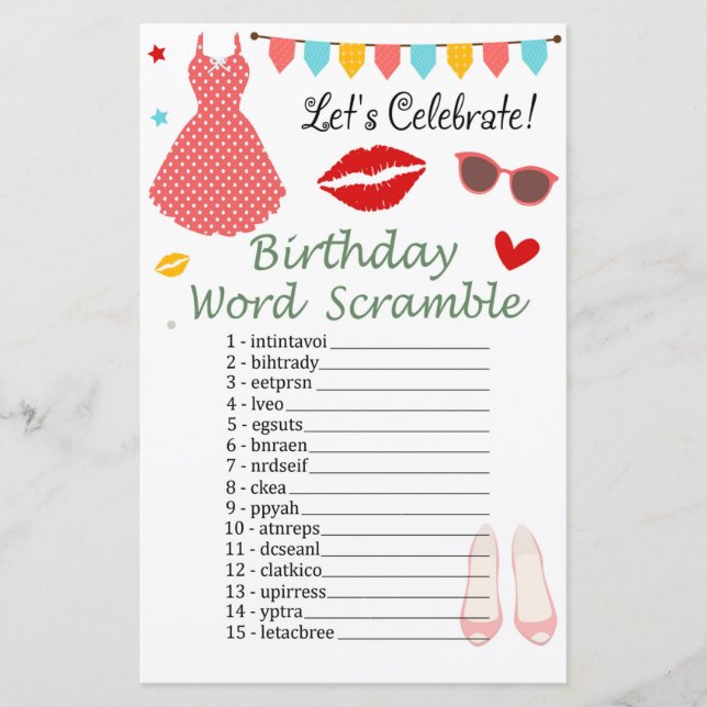 Polka dot dress Birthday Word Scramble Game (Front)