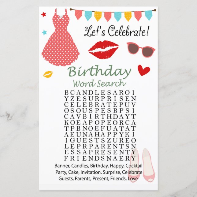 Polka dot dress Birthday Word Search Game (Front)