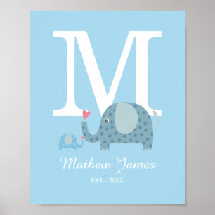 Polka Dot Elephant Initial Monogram Nursery Poster