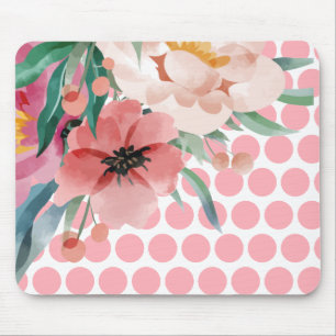 Polka Dot Floral Mousepad with Watercolor Flower
