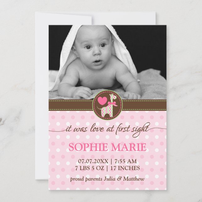 Polka Dot Giraffe Baby Photo Birth Announcement (Front)