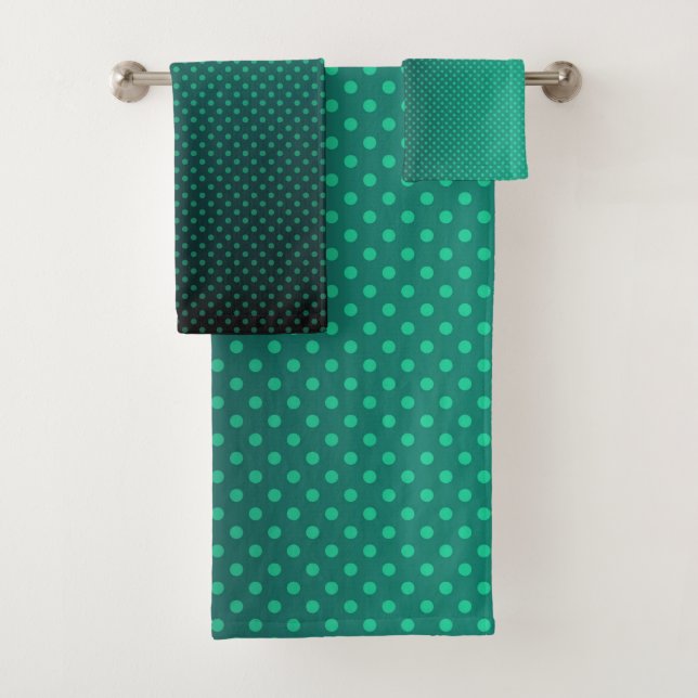 Polka dot gradient green black colours dark print bath towel set (Insitu)